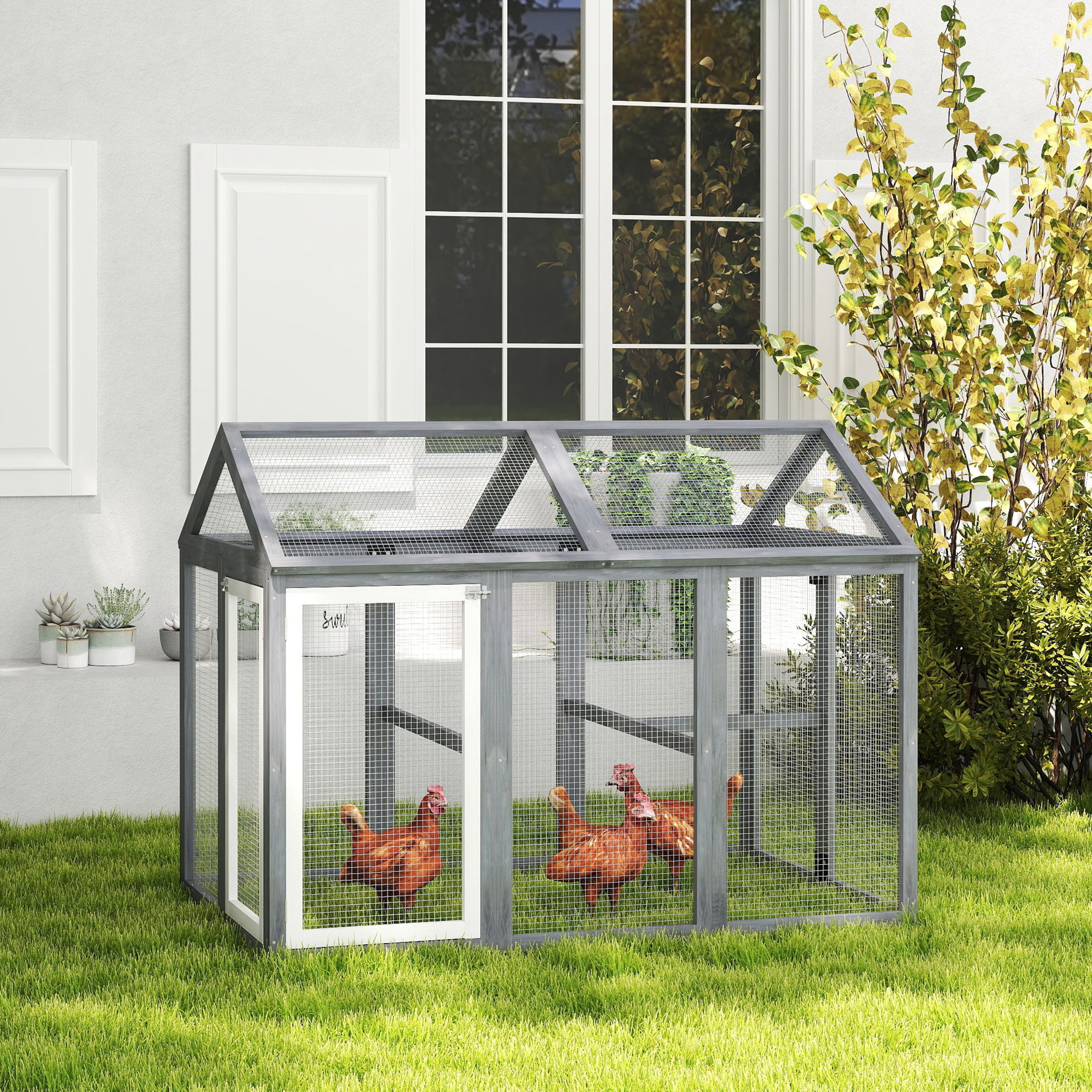 Enclos poulailler chenil 1,23 m² - parc grillagé 140 x 88,5 x 106 cm - 2 portes verrouillables - bois gris