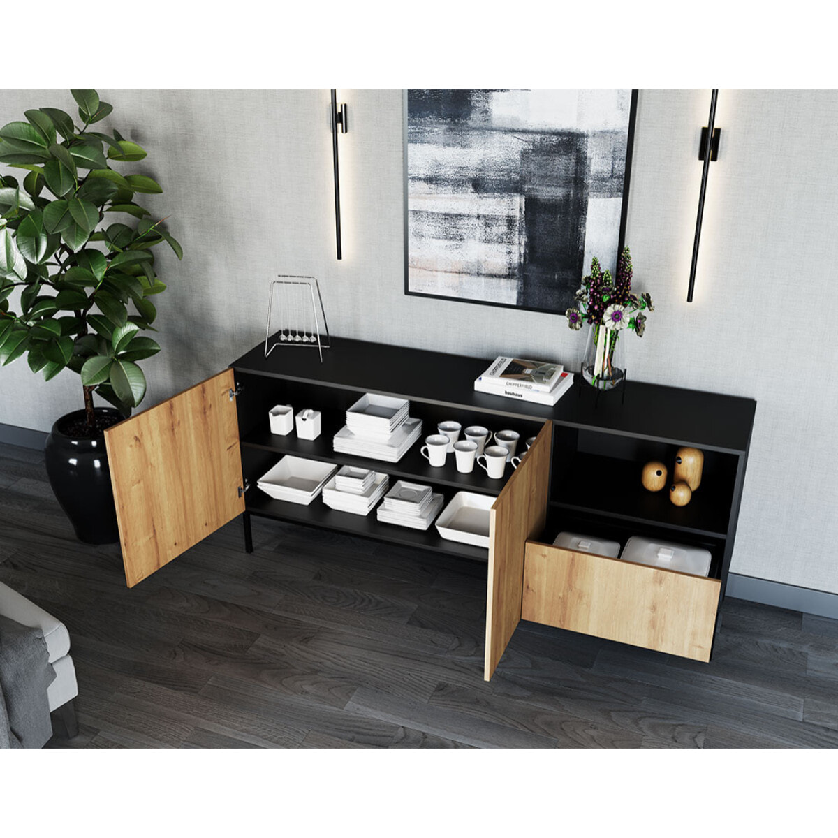 Felicia - buffet bas - effet bois et noir - 2 portes, 1 tiroir et 1 niche - 180 cm - Bois / Noir