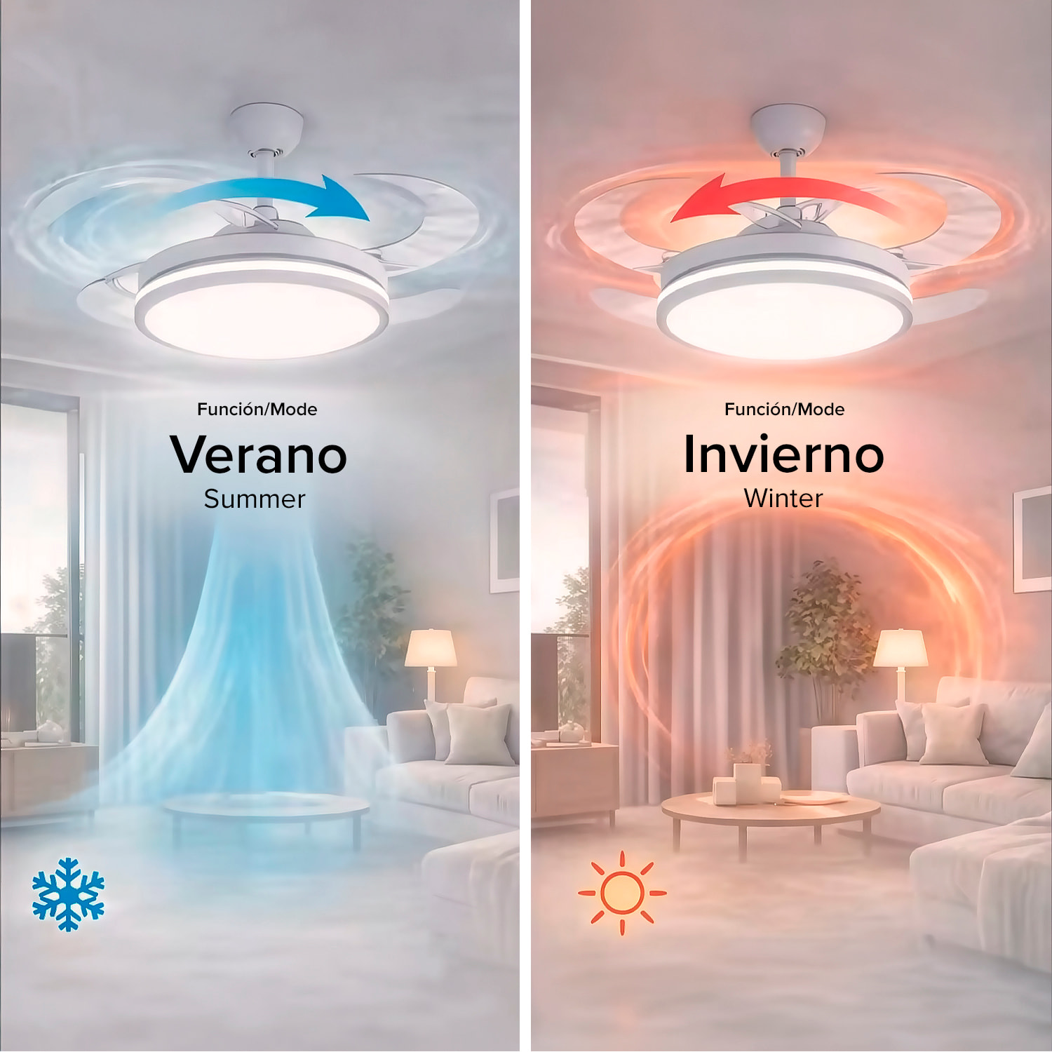 Ventilatore da soffitto 8808, 120 cm, pale retrattili. Motore DC da 36 W, luci LED dimmerabili da 60 W, 6 velocità, modalità inverno/estate. Controllabile tramite telecomando o app per dispositivi mobili.