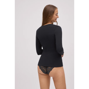 T-shirt nera a maniche lunghe in cotone con pizzo