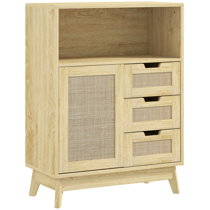 Buffet cannage effet bois style bohème chic - 3 tiroirs, porte, étagère, grande niche