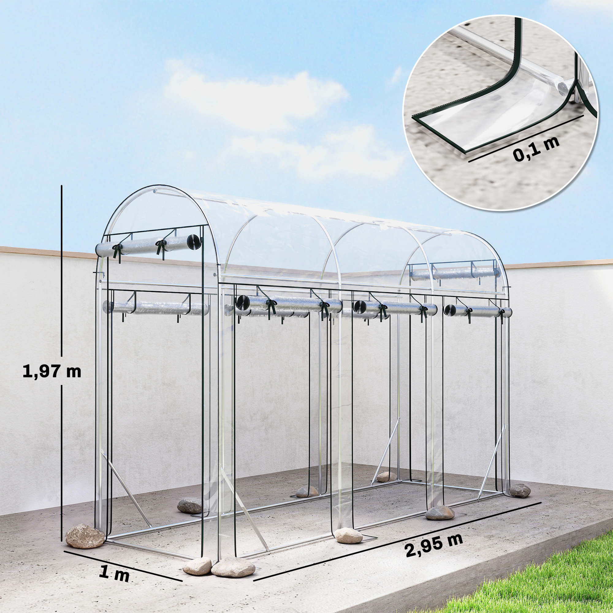 Invernadero de Exterior 3x1x2 m, Invernadero de Túnel con 8 Puertas Enrollables, Cubierta de Plástico y Marco de Acero Galvanizado, Anti-UV, Impermeable, para Cultivos, Transparente