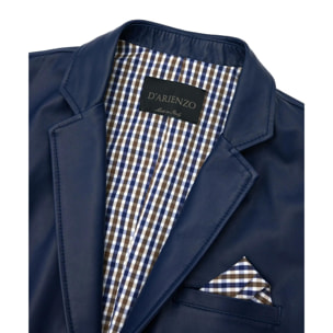 Blazer in pelle naturale blu con taschino e fazzoletto