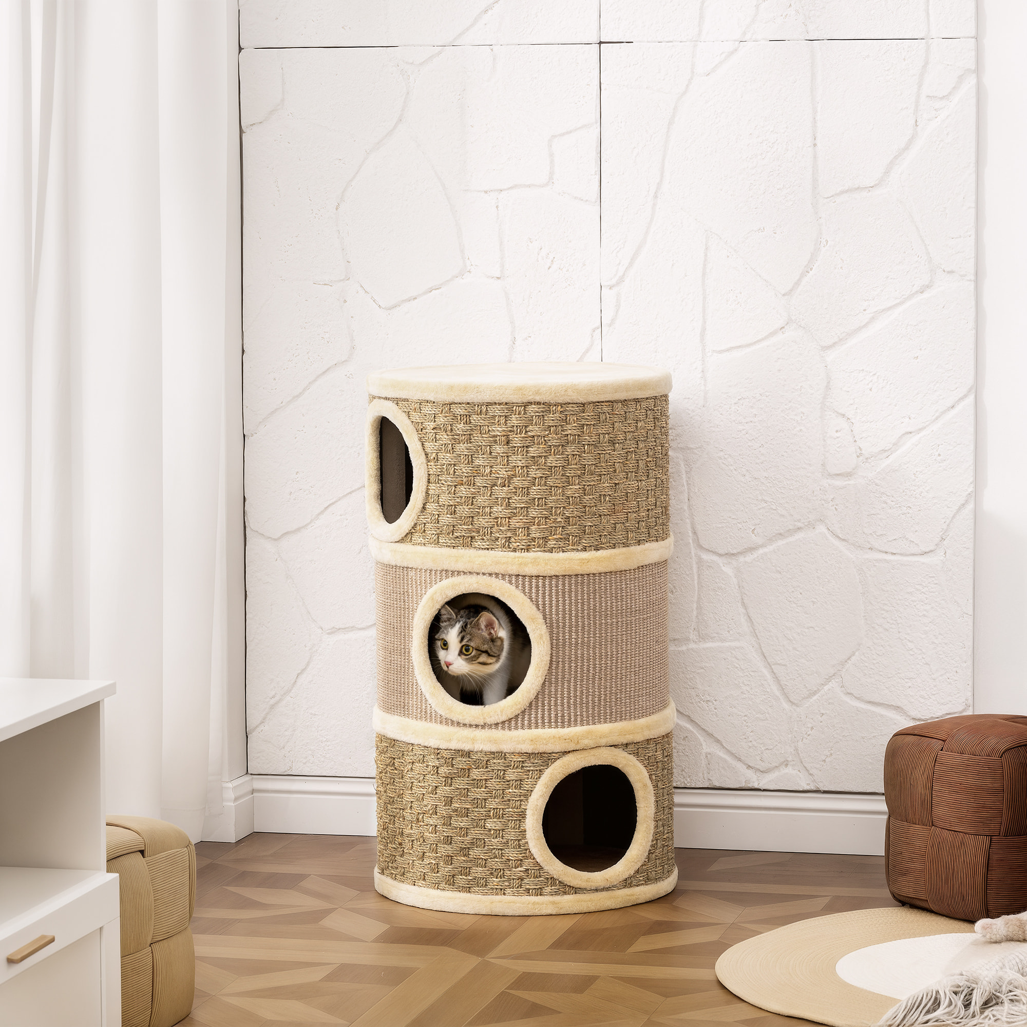 Arbre à chat cylindrique tonneau griffoir - 3 niches + plateforme - sisal corde d'algues beige