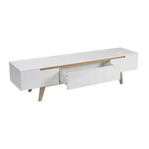 Meuble TV scandinave blanc laqué brillant et bois L180 cm MELKA