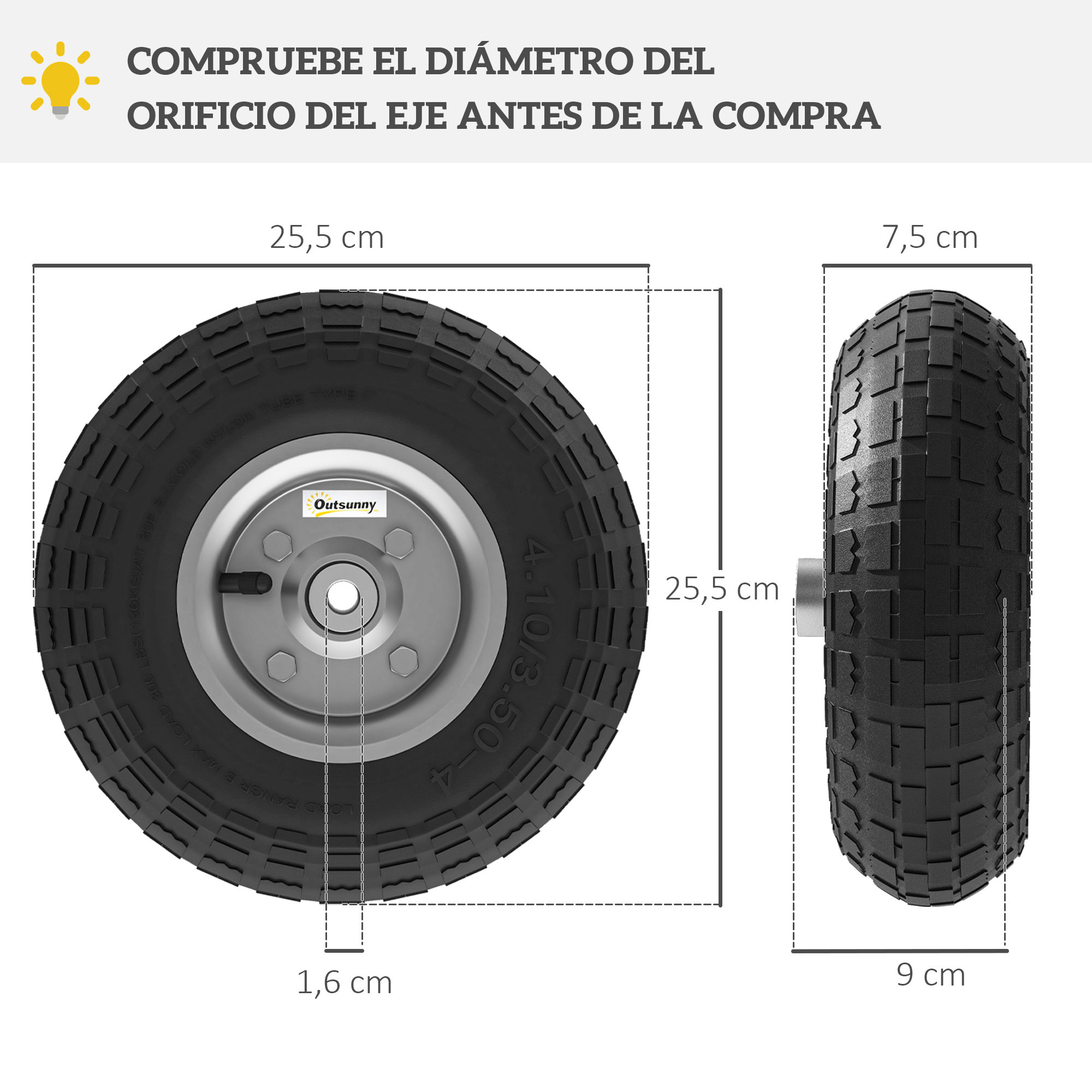Juego de 4 Ruedas para Carretilla, Neumáticos de Goma Ø255 x 75 mm, Ruedas de Repuesto, Eje de 16 mm, Carga 80 kg, para Carros de Mano y Carritos de Jardín, Negro