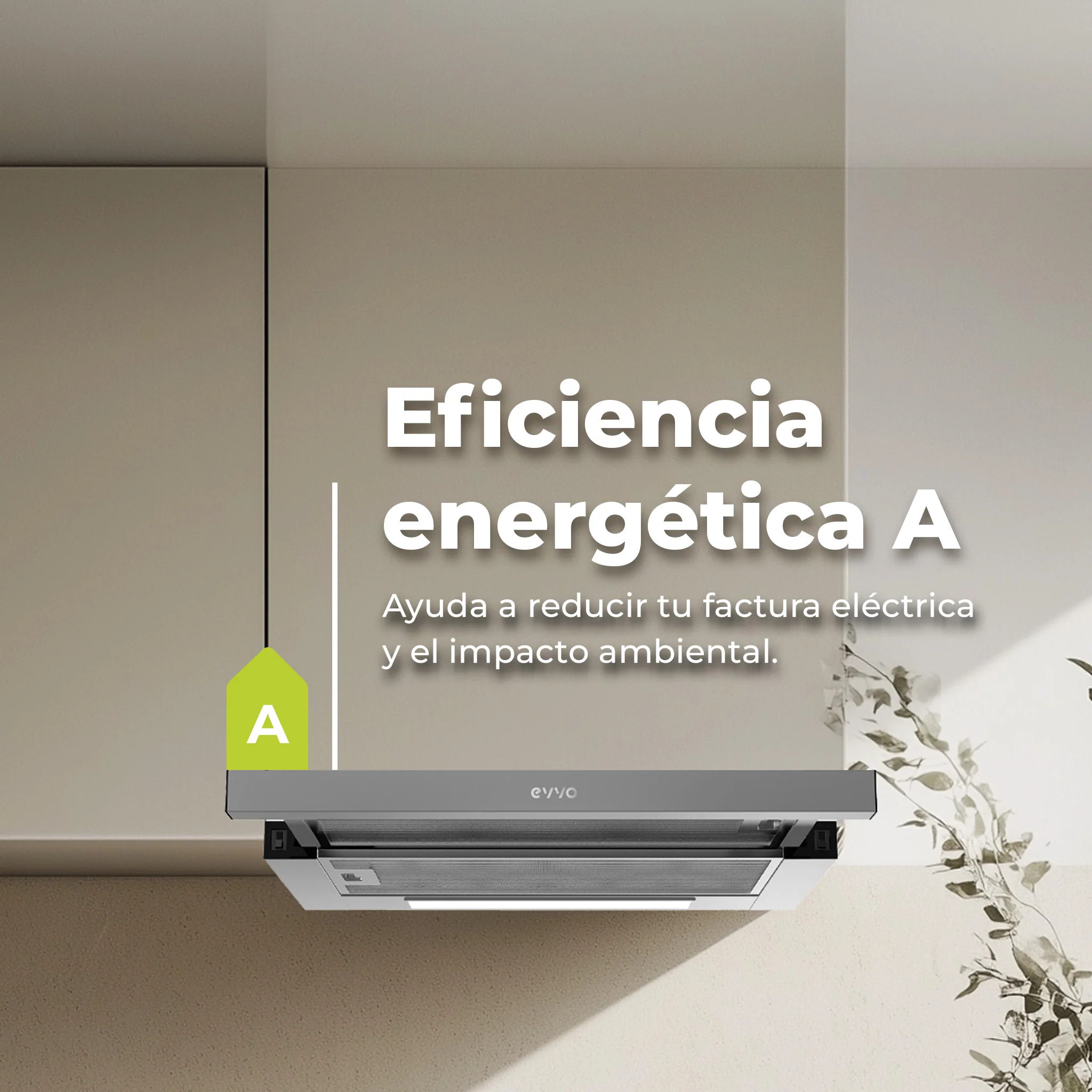 EVVO Campana telescópica CE10 60 cm, 350 m³/h, 2 velocidades, LED, filtro aluminio 3 capas y carbón activo, eficiencia A, inox