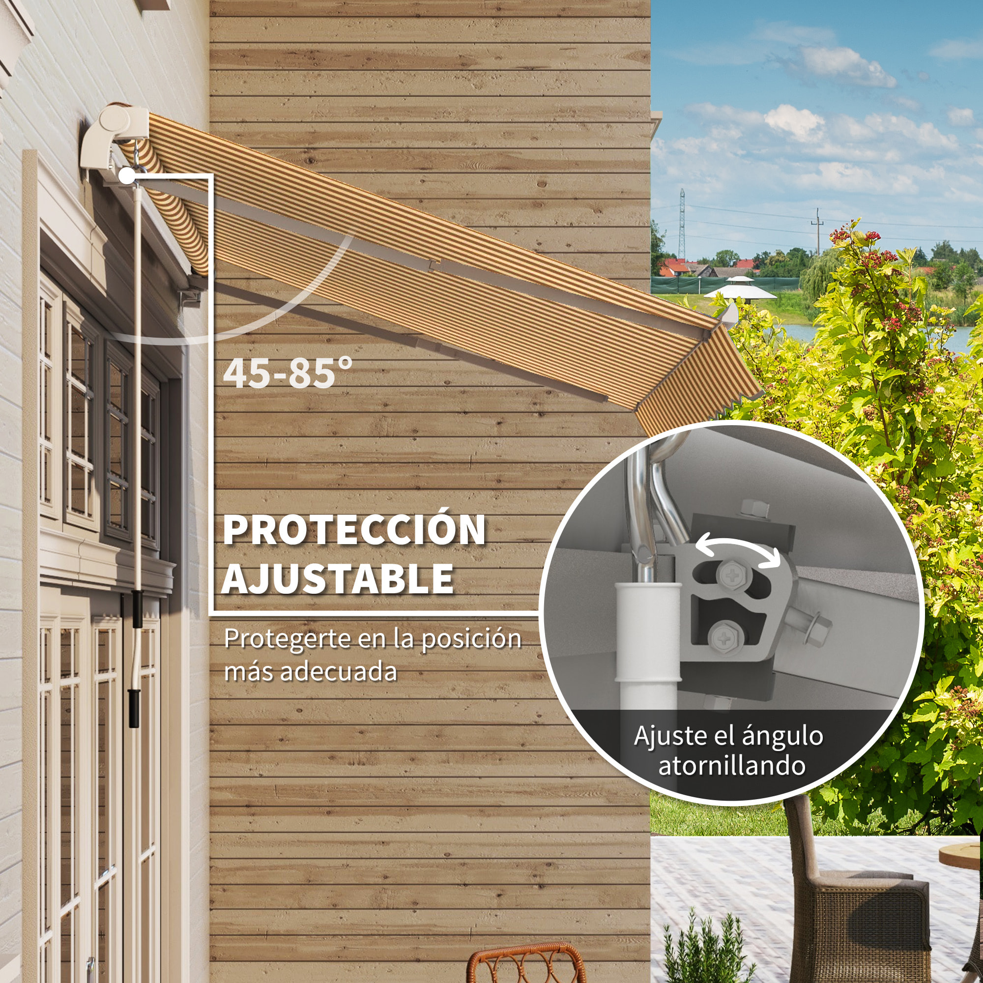 Toldo Manual Retráctil 350x250 cm, Toldo Exterior Terraza con Ángulo Ajustable, Brazo Articulado, Montaje a Pared, Estructura de Aluminio, Anti-UV e Impermeable, para Jardín, Naranja