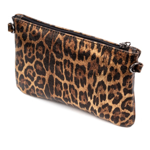Oleggio bolso bandolera mujer. Piel auténtica Gamuza con estampado de animal print leopardo y lacada brillante.