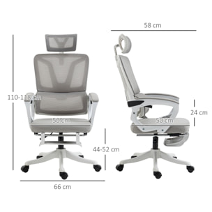 Fauteuil de bureau ergonomique inclinable réglable - repose-pied rétractable, support lombaires, tétière ajustable - blanc gris