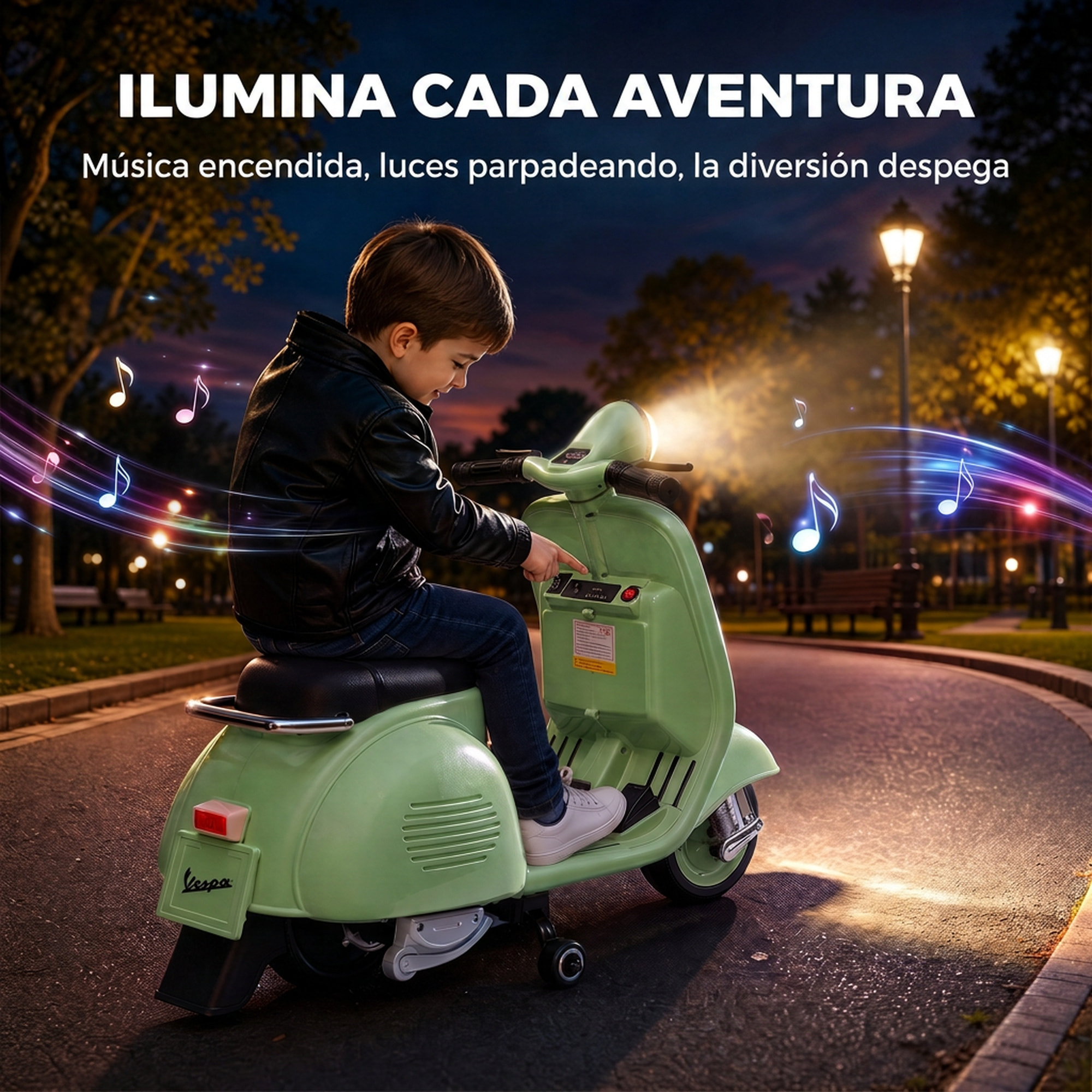 Moto Eléctrica para Niños Licencia VESPA 6V, Moto Eléctrica Infantil con Arranque Suave, Ruedines Desmontables, Luz Delantera, Música, Bocina, USB, Avance, Atrás, para Niños de +3 Años, Verde
