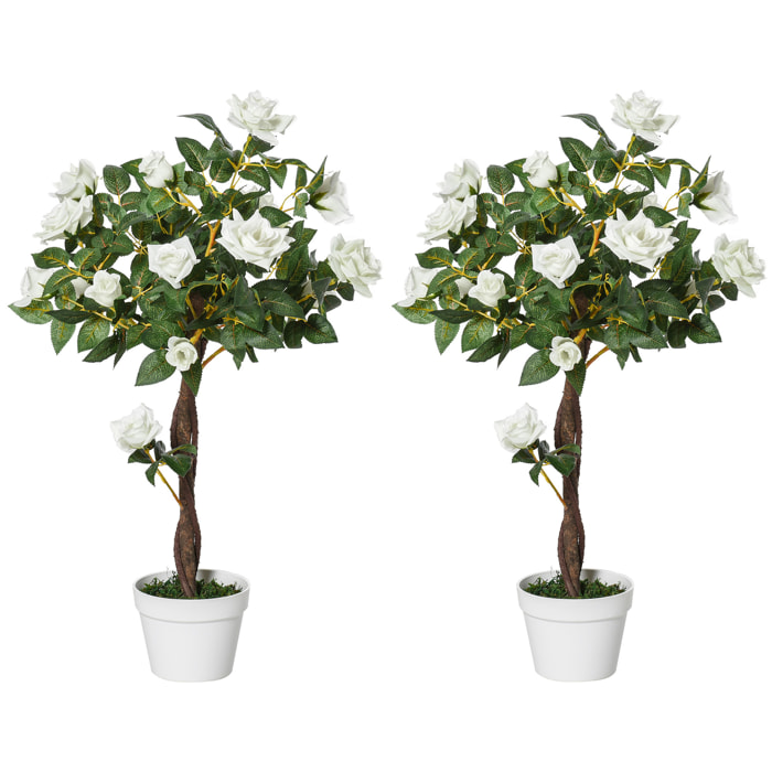 Juego de 2 Plantas Artificiales Rosas Artificiales con 21 Flores y Maceta de Cemento Plantas Sintéticas para Decoración Hogar Salón Oficina Verde y Blanco