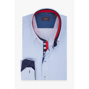 Camicia Uomo 2 Bottoni Button Down Slim Popeline Stampato Bianco e Blu