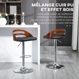 Lot de 2 tabourets de bar design contemporain hauteur d'assise réglable pivotant 360° revêtement synthétique noir dossier ajouré aspect bois