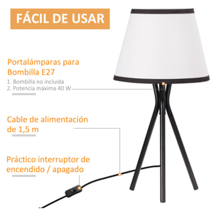 HOMCOM Lámpara de Mesa con Trípode de Metal Lámpara de Escritorio con Pantalla de Tela y Casquillo E27 Máx. 40W Estilo Moderno para Dormitorio Salón Ø25x50 cm Blanco y Negro