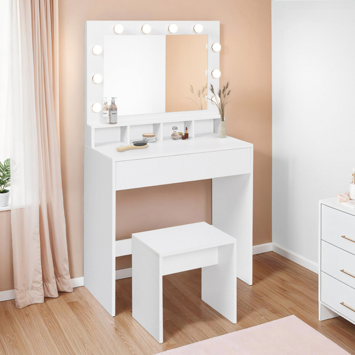 Coiffeuse Zita blanche avec miroir LED, niches, 1 tiroir et tabouret