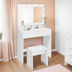 Coiffeuse Zita blanche avec miroir LED, niches, 1 tiroir et tabouret