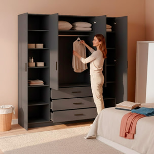 Armadio Con 4 Ante E 3 Cassetti Armadietto Multiuso Barra Appendiabiti E 8 Ripiani Di Cui 6 Regolabili Extra Capiente 195,5x49,6x200,4 Cm Grigio Scuro