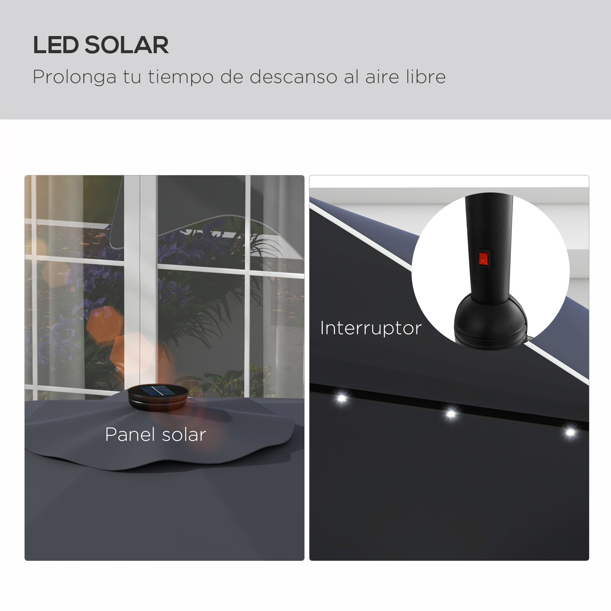 Sombrilla de Jardín Ø292x254 cm Parasol de Terraza Manual con 32 Luces LED Solares 8 Varillas Ángulo Ajustable Impermeable y Rejillas de Ventilación para Patio Balcón Gris Oscuro