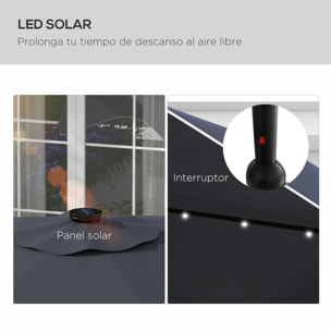 Sombrilla de Jardín Ø292x254 cm Parasol de Terraza Manual con 32 Luces LED Solares 8 Varillas Ángulo Ajustable Impermeable y Rejillas de Ventilación para Patio Balcón Gris Oscuro
