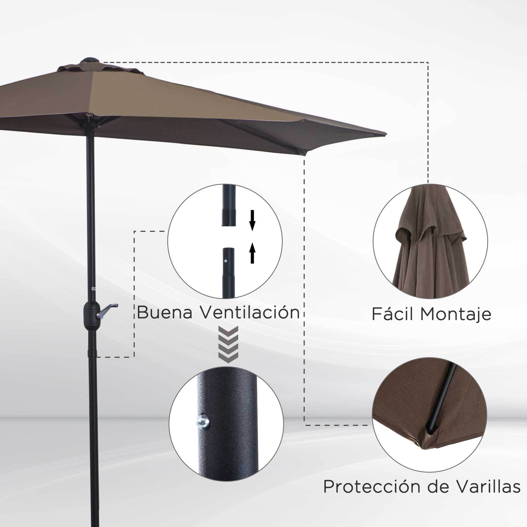 Sombrilla Parasol Jardín con Manivela Semicircular Exterior 269x138x236 cm Café