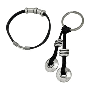Conjunto llavero y pulsera en cuero negro Tub2