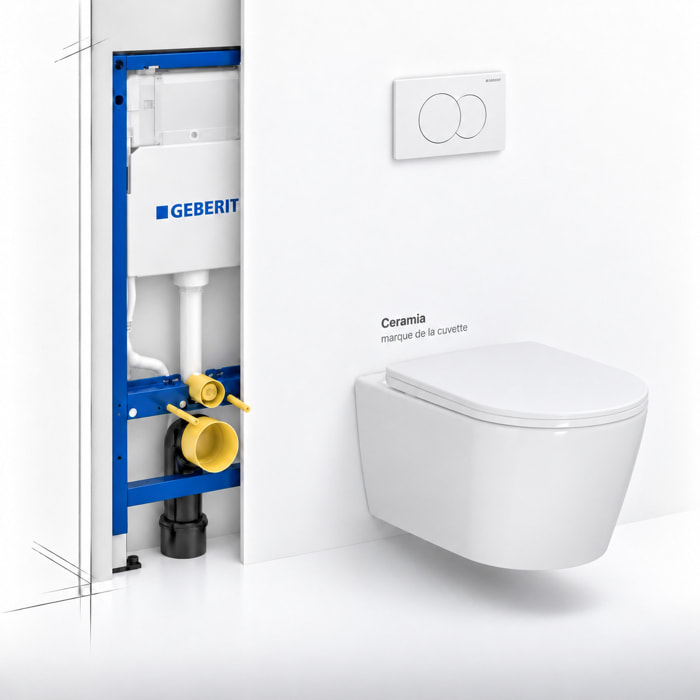 Duofix Pack WC bâti-support + WC suspendu sans bride avec abattant SoftClose Ceramia + plaque blanche (GEBCE14WT05-FR)