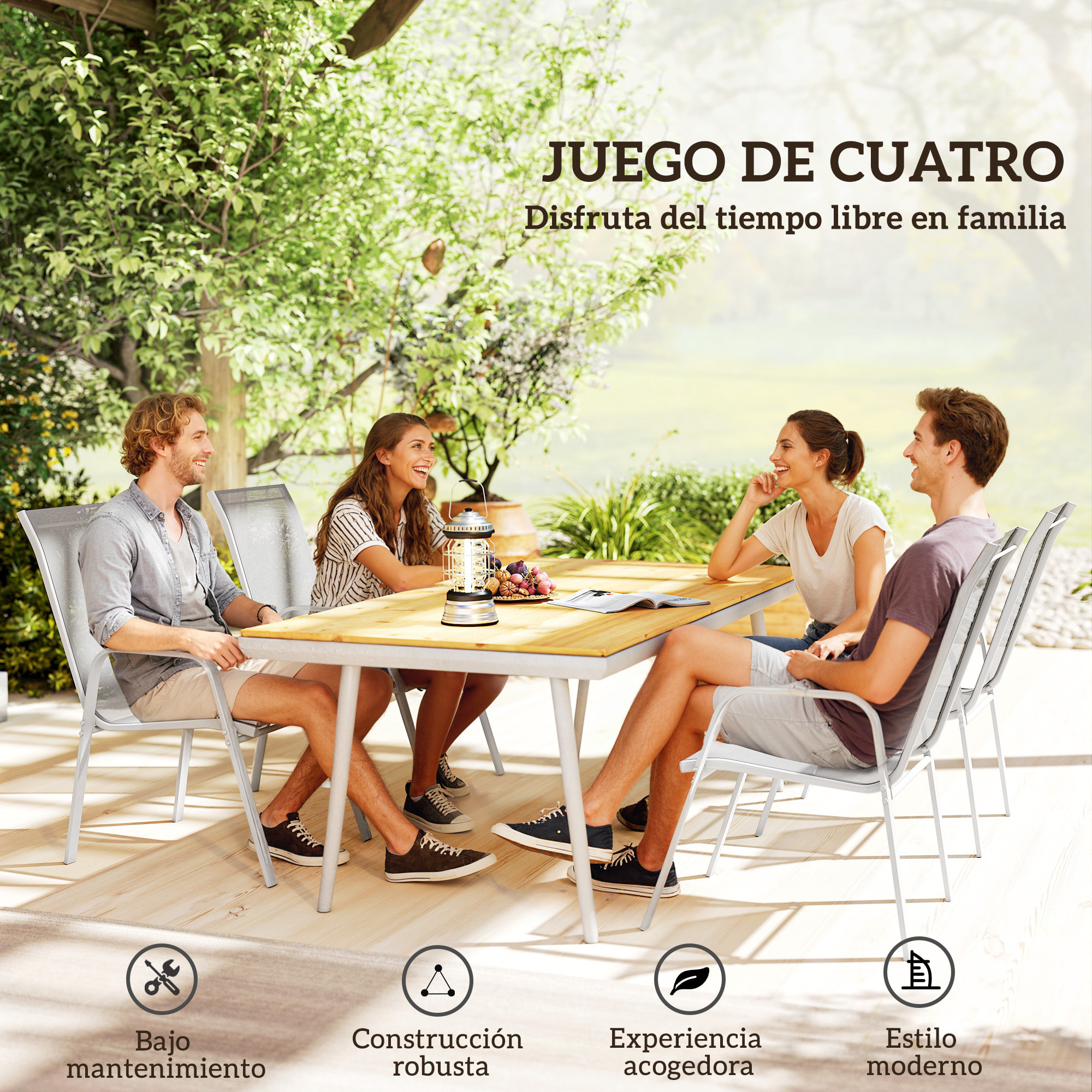 Juego de 4 Sillas de Jardín Exterior Sillas Terraza Exterior Apilables Sillón de Comedor con Tela Transpirable Marco de Metal Reposabrazos y Respaldo 54x75,5x95 cm Gris Claro
