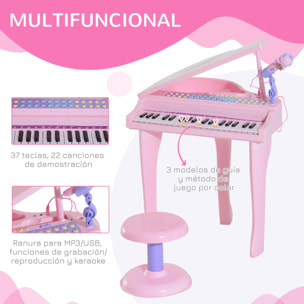 Piano Infantil 37 Teclas Teclado Electrónico Juego de Piano con Micrófono Taburete Luces y 22 Canciones USB/MP3 Karaoke Modo de Enseñanza Rosa