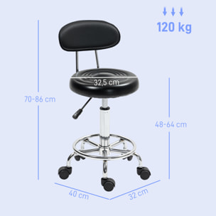Taburete Giratorio Taburete con Ruedas y Respaldo Taburete de Trabajo con Altura Regulable 70-86 cm Asiento Tapizado de Cuero Sintético Negro