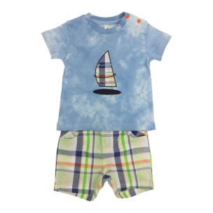 SET TSHIRT JERSEY AZZURRO MALTINTO E SHORT SCOZZESI SURF