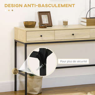 Console design industriel 3 tiroirs structure piètement acier noir panneaux aspect bois clair