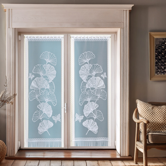 Paire de vitrages frangés dentelle motif ginkgo - Blanc