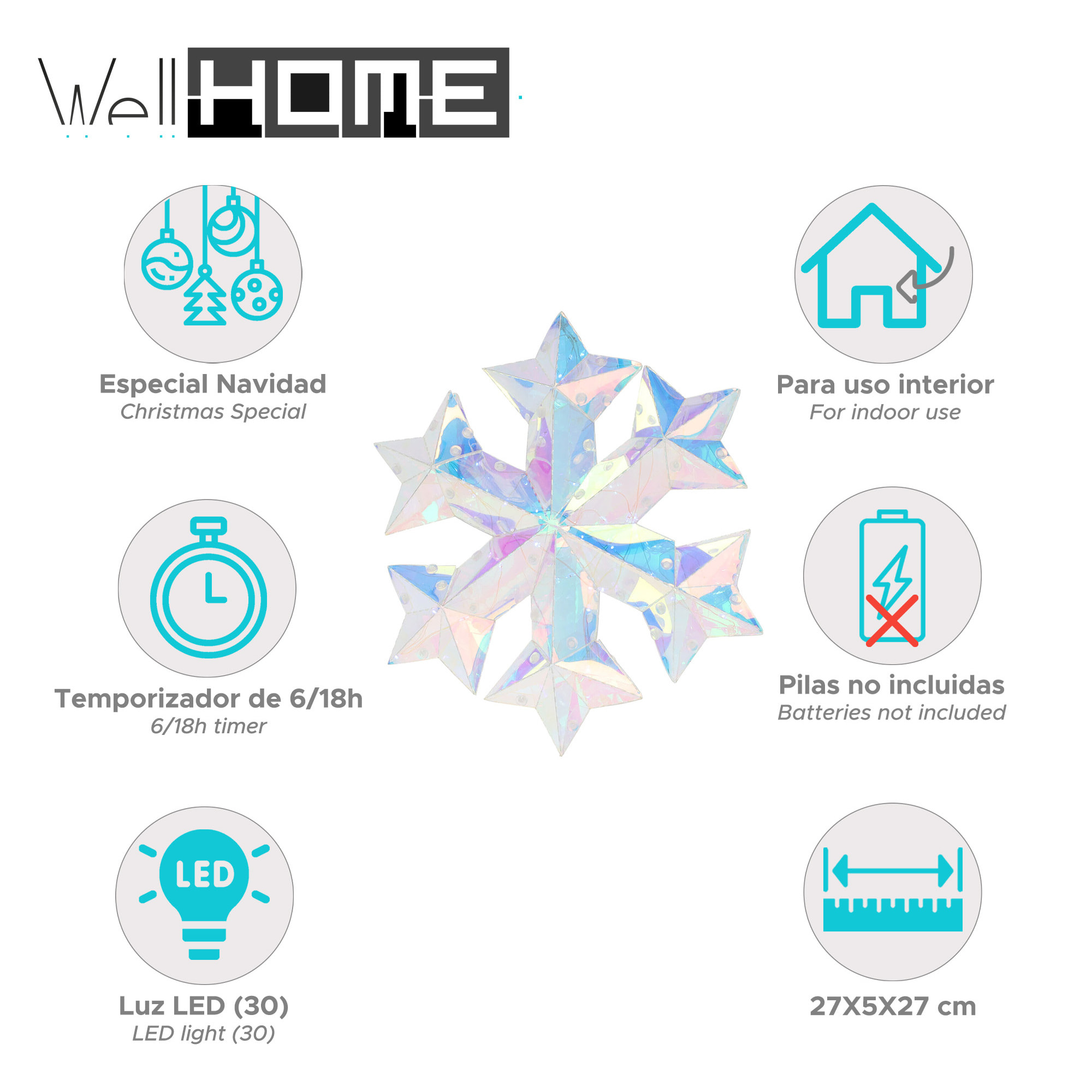 copo de nieve luminoso con 30 luces led frios color arco iris 27x5x27cm