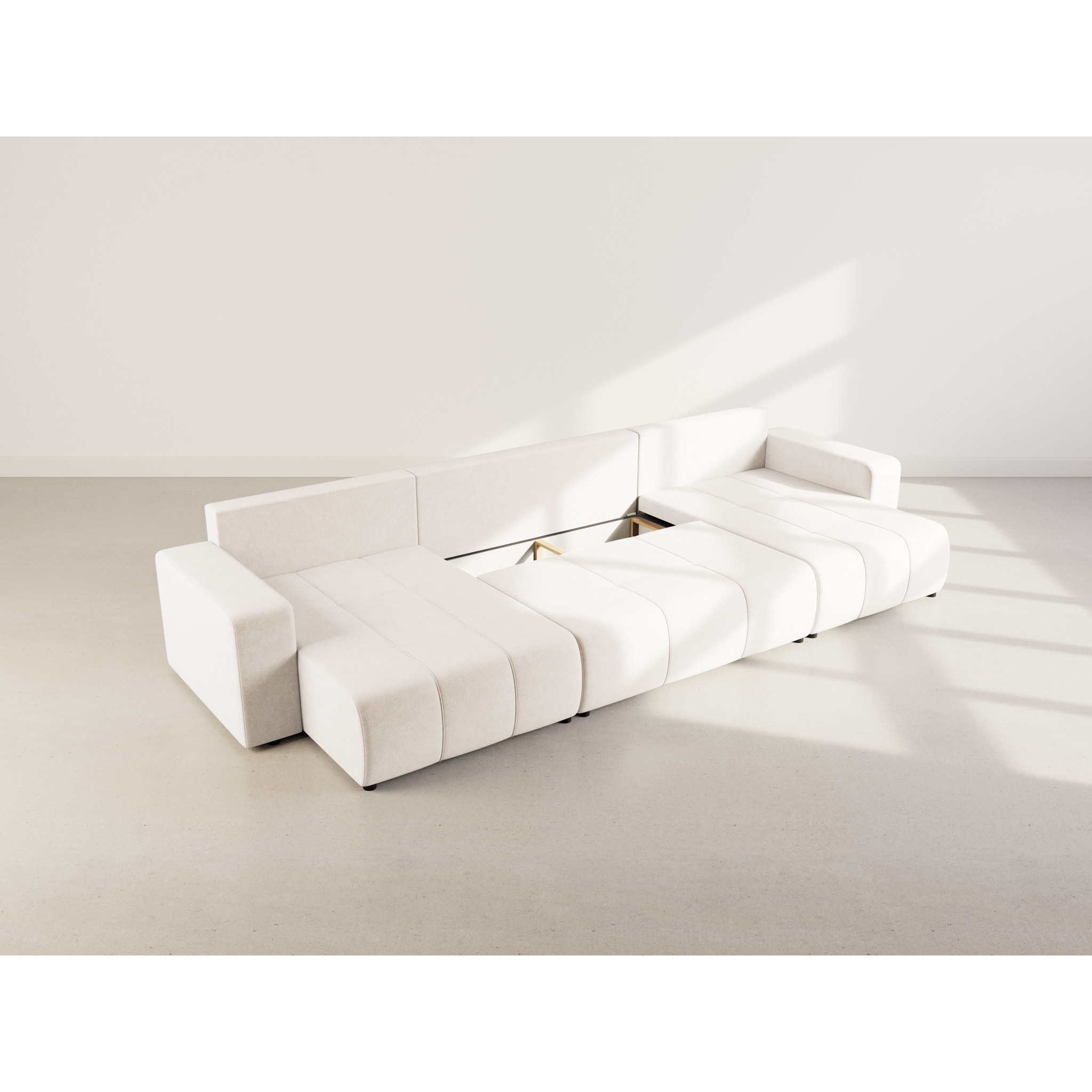 Nicole - Canapé panoramique en U 7 places convertible avec coffre en tissu - Beige