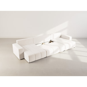 Nicole - Canapé panoramique en U 7 places convertible avec coffre en tissu - Beige