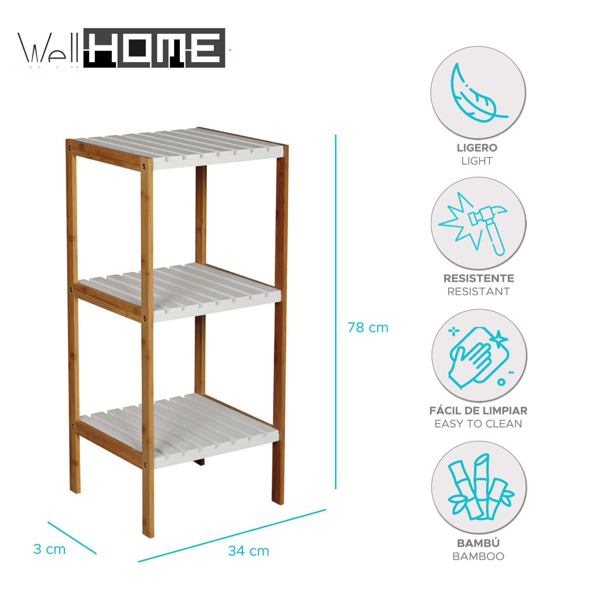 Estantería de Bambú de 3 estantes 34x33x78cm