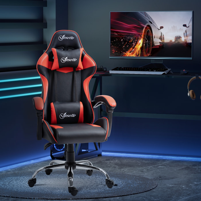 Fauteuil de bureau gamer style baquet racing - pivotant, inclinable - coussins tétière et lombaires inclus - revêtement PU rouge noir