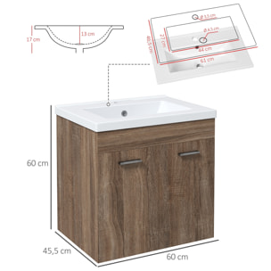 Meuble sous-vasque suspendu - vasque céramique incluse - 2 portes, étagère - dim. 60L x 45l x 60H cm - aspect bois