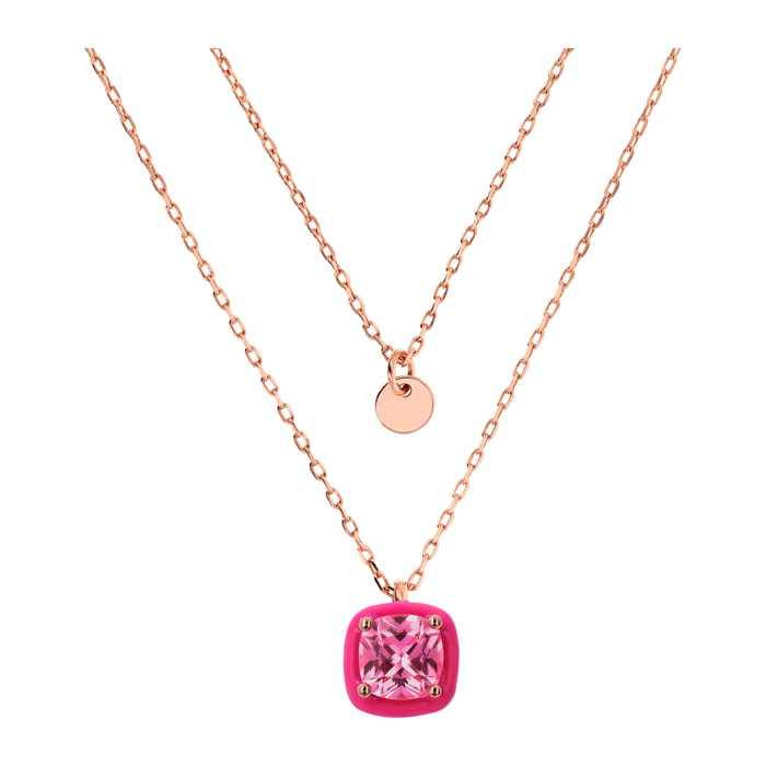 Collana Multifilo Catena Forzatina con Disco e Pendente Smaltato Fucsia con Cubic Zirconia Quadrata