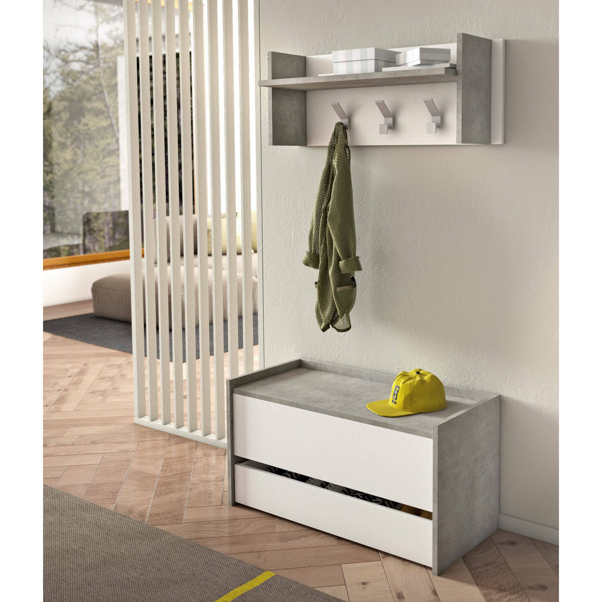 Mobile da ingresso Actinolite, Entratina moderna con appendiabiti, Mobile con scarpiera, Armadietto multifunzione, Cm 50x32h182, Cemento e Bianco