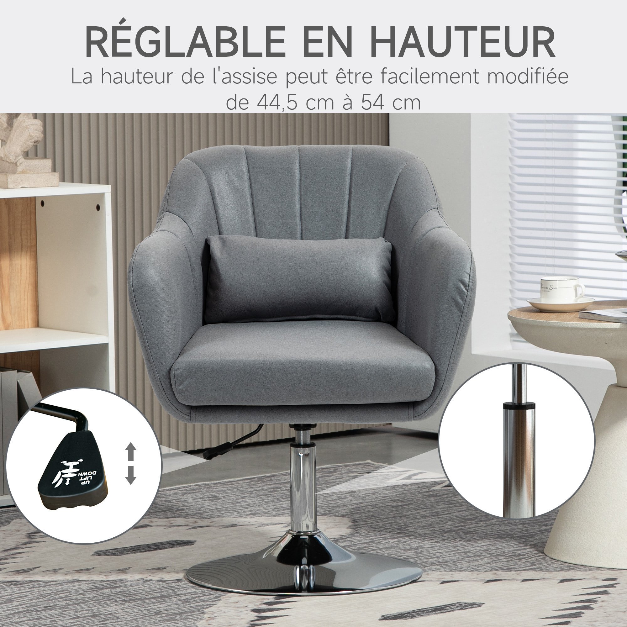 Fauteuil lounge design grand confort coussins lombaires hauteur réglable pivotant 360° piètement métal chromé lin gris