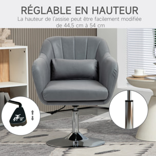 Fauteuil lounge design grand confort coussins lombaires hauteur réglable pivotant 360° piètement métal chromé lin gris