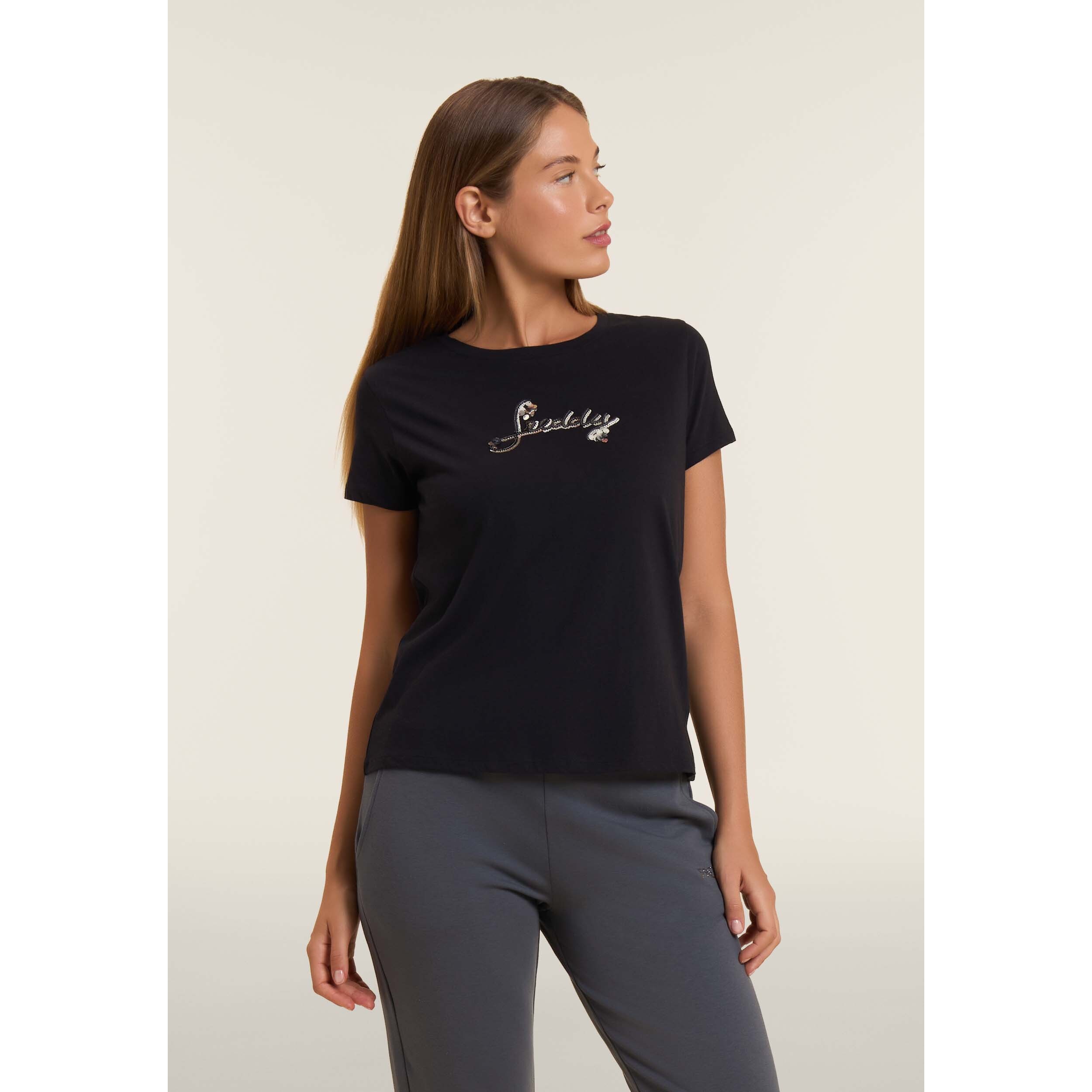 T-shirt in cotone Supima con logo in paillettes bicolore