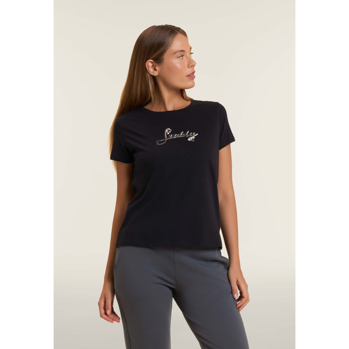 T-shirt in cotone Supima con logo in paillettes bicolore