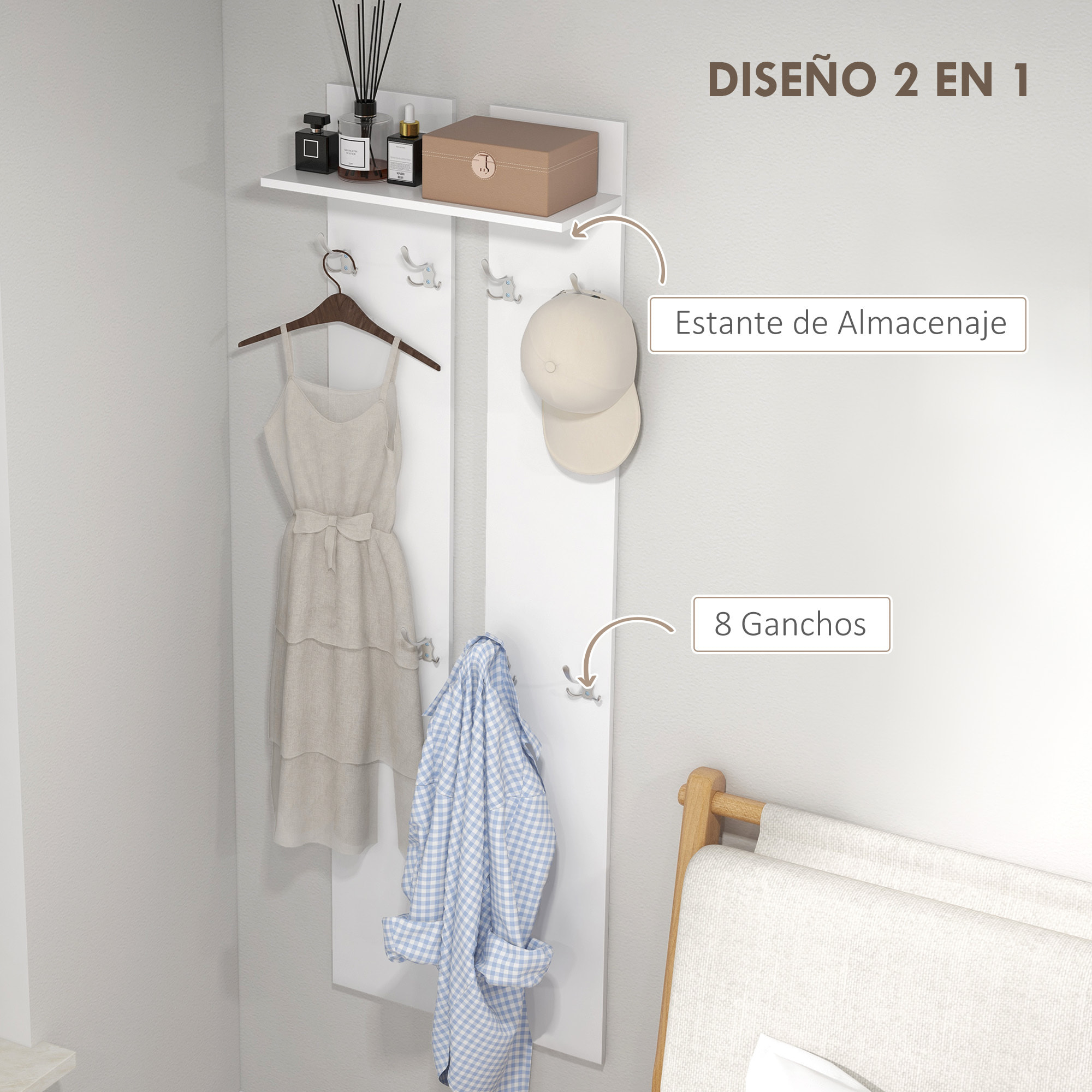 Perchero para Ropa de Pared Perchero para Recibidor Moderno con 8 Ganchos y Estante para Entrada Pasillo 55x21,3x170 cm Blanco