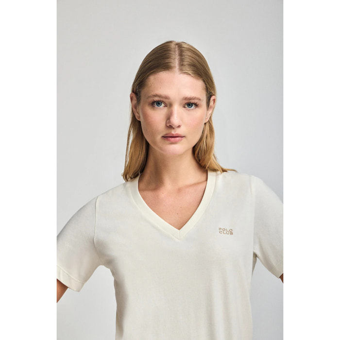 Maglietta Turia ecrù con finitura peach effect e print Polo Club in gomma