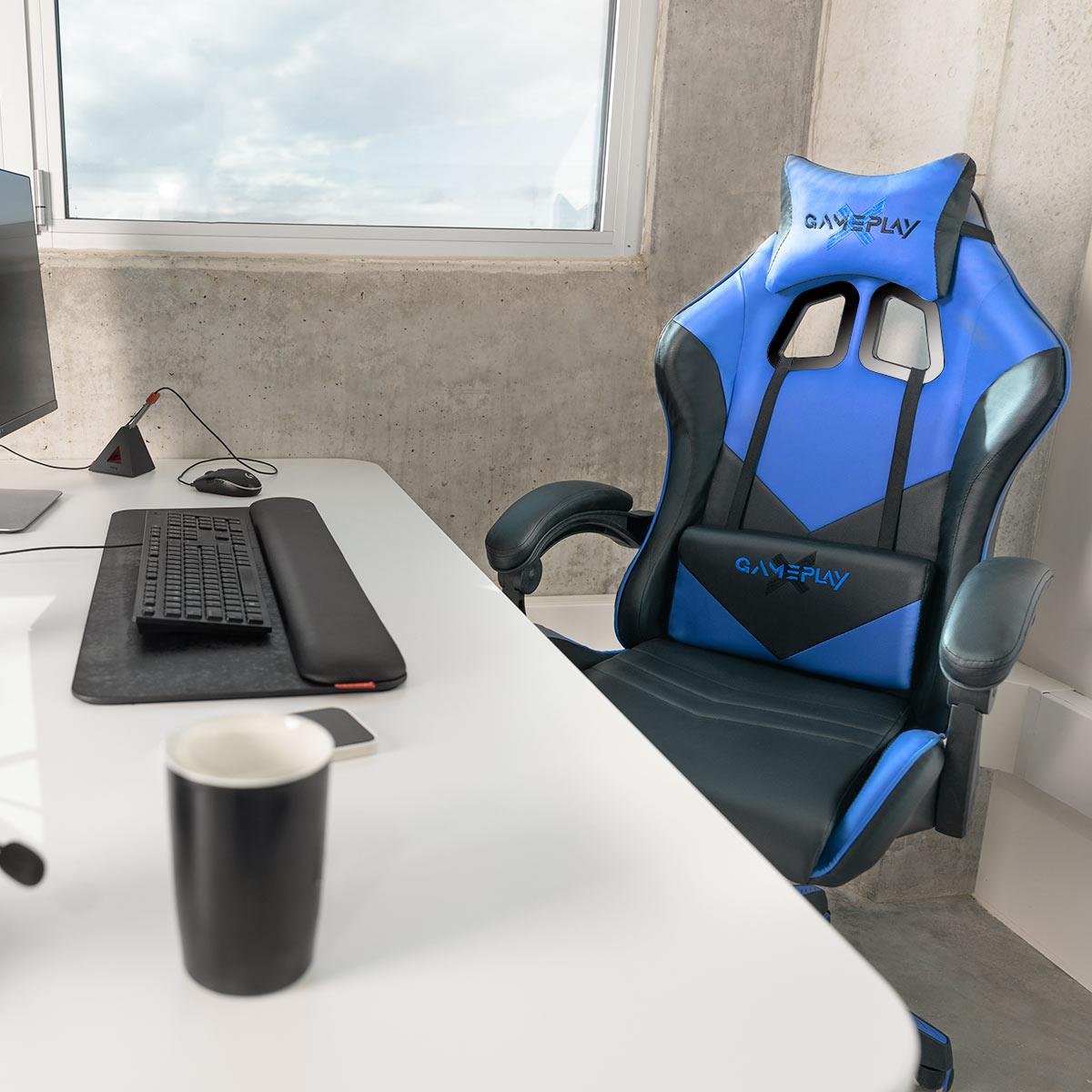 Silla de oficina gaming con reposapiés y reposabrazos acolchados, azul