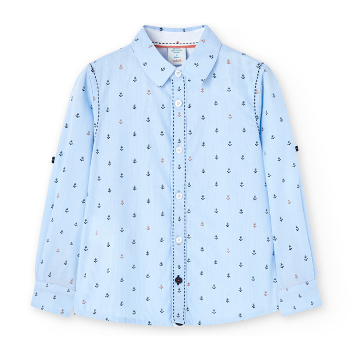 Camisa popelÃ­n estampada niÃ±o, cuello camisero, manga larga
