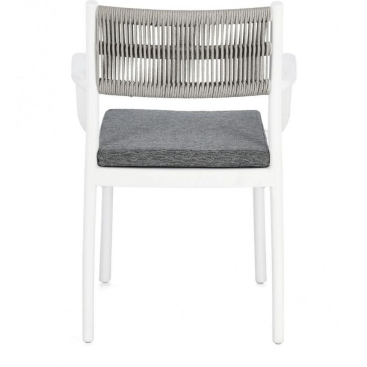 Set di 4 sedie ALVIN in polipropilene bianco e corda intrecciata grigio chiaro, con braccioli